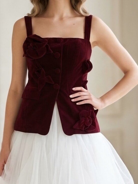 Marchesa Tops - Muse by Marchesa Laurel Velvet Applique Sleeveless Button Up Coordinating Vest